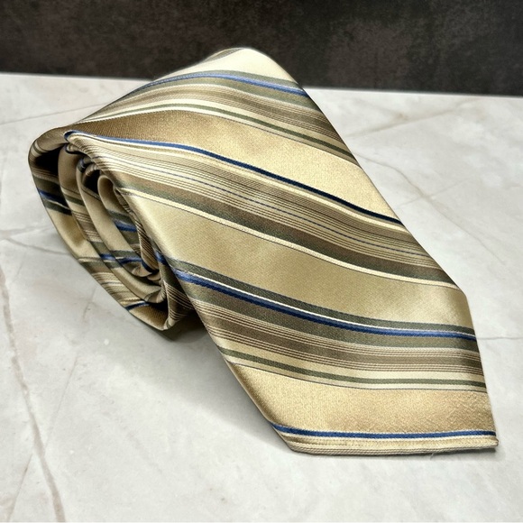 Material London 62” Silk Classic Gold and Blue Striped Tie - Picture 1 of 3